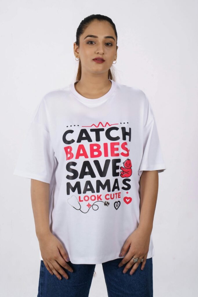 Oversized white T-shirt featuring bold printed text. Perfect for casual wear.